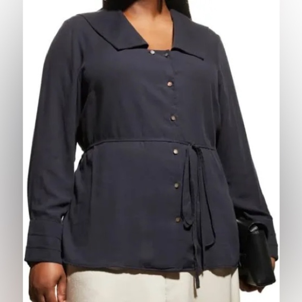 Harshman Navy Blouse Geneva Belted Button Shirt NWT Sz 2X